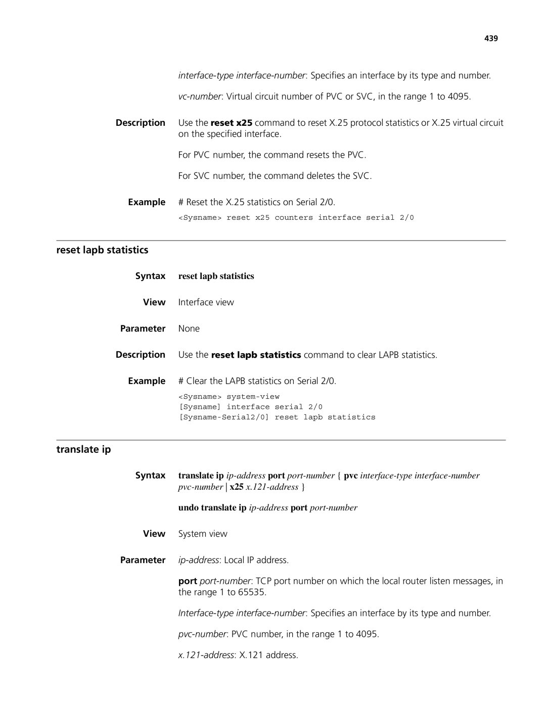 3Com MSR 50, MSR 30 manual Reset lapb statistics, Translate ip, Syntax reset lapb statistics, 439 