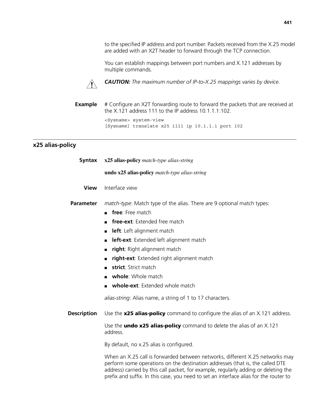 3Com MSR 50, MSR 30 manual X25 alias-policy, 441 