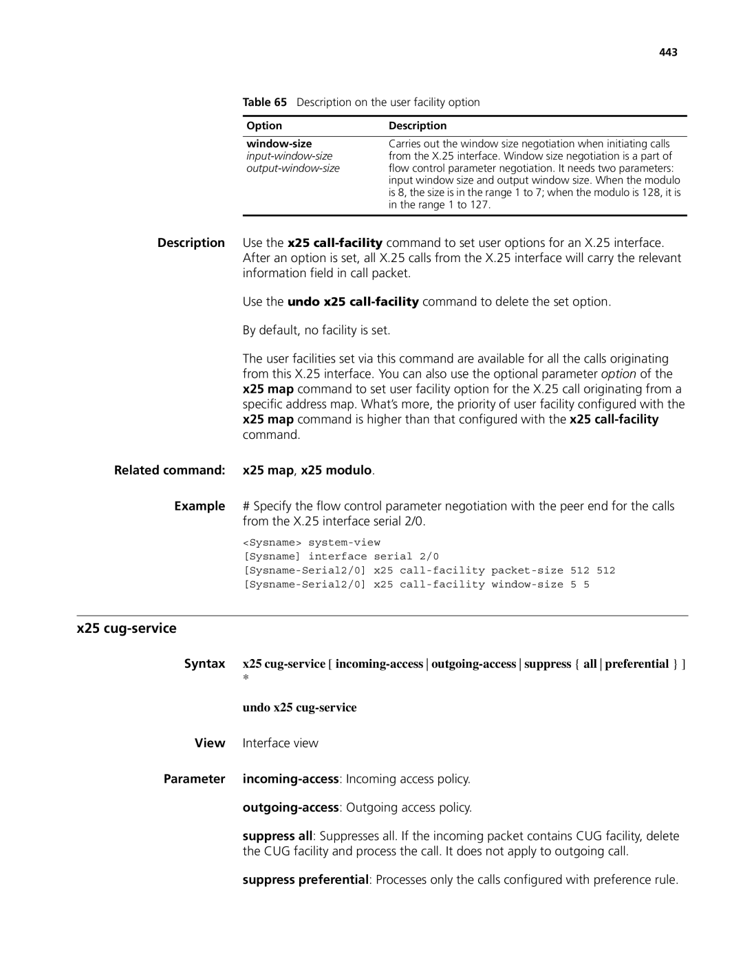 3Com MSR 50, MSR 30 manual X25 cug-service, Related command x25 map, x25 modulo, 443, Option Description Window-size 