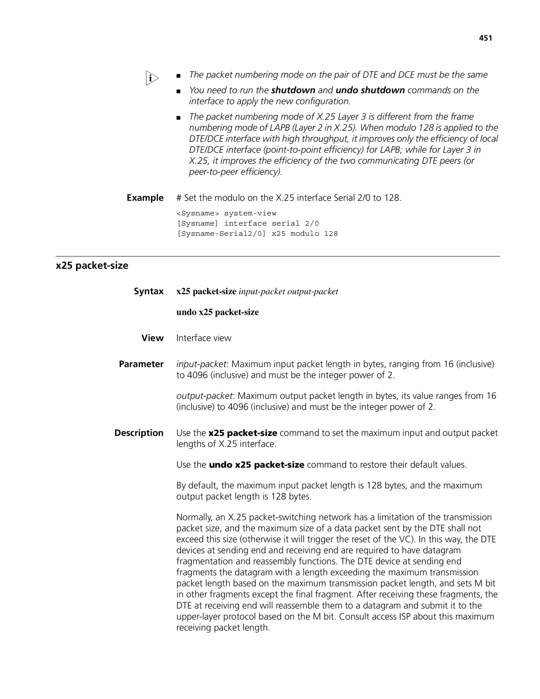 3Com MSR 50, MSR 30 manual X25 packet-size, # Set the modulo on the X.25 interface Serial 2/0 to, Undo x25 packet-size, 451 
