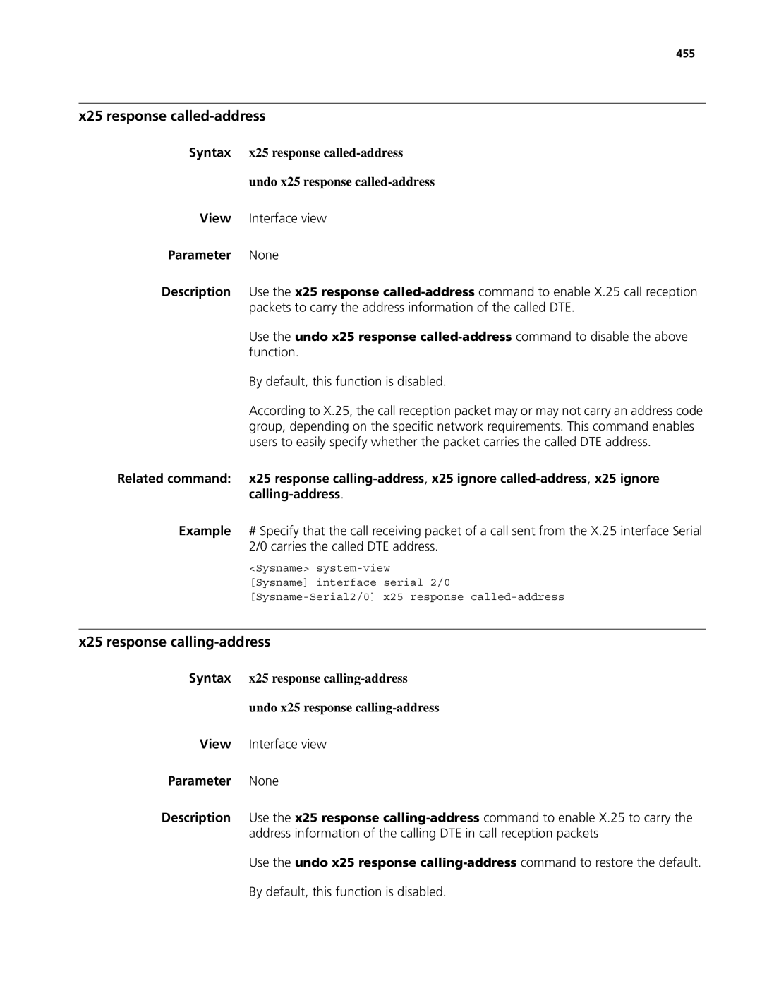 3Com MSR 50, MSR 30 manual X25 response called-address, X25 response calling-address, 455 