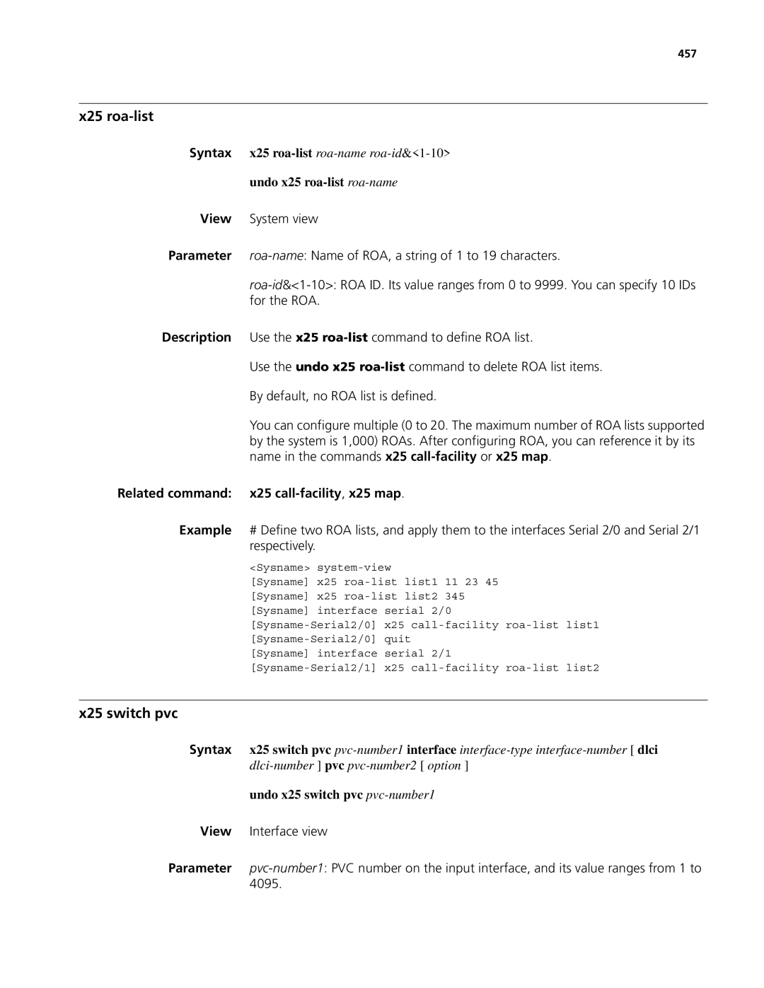 3Com MSR 50, MSR 30 X25 roa-list, X25 switch pvc, Undo x25 roa-list roa-name, Related command x25 call-facility,x25 map 