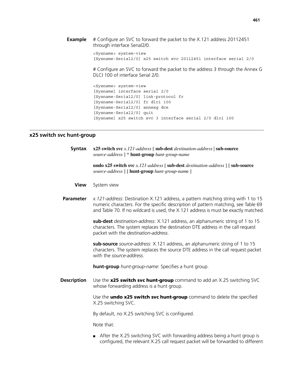 3Com MSR 50, MSR 30 manual X25 switch svc hunt-group, 461 