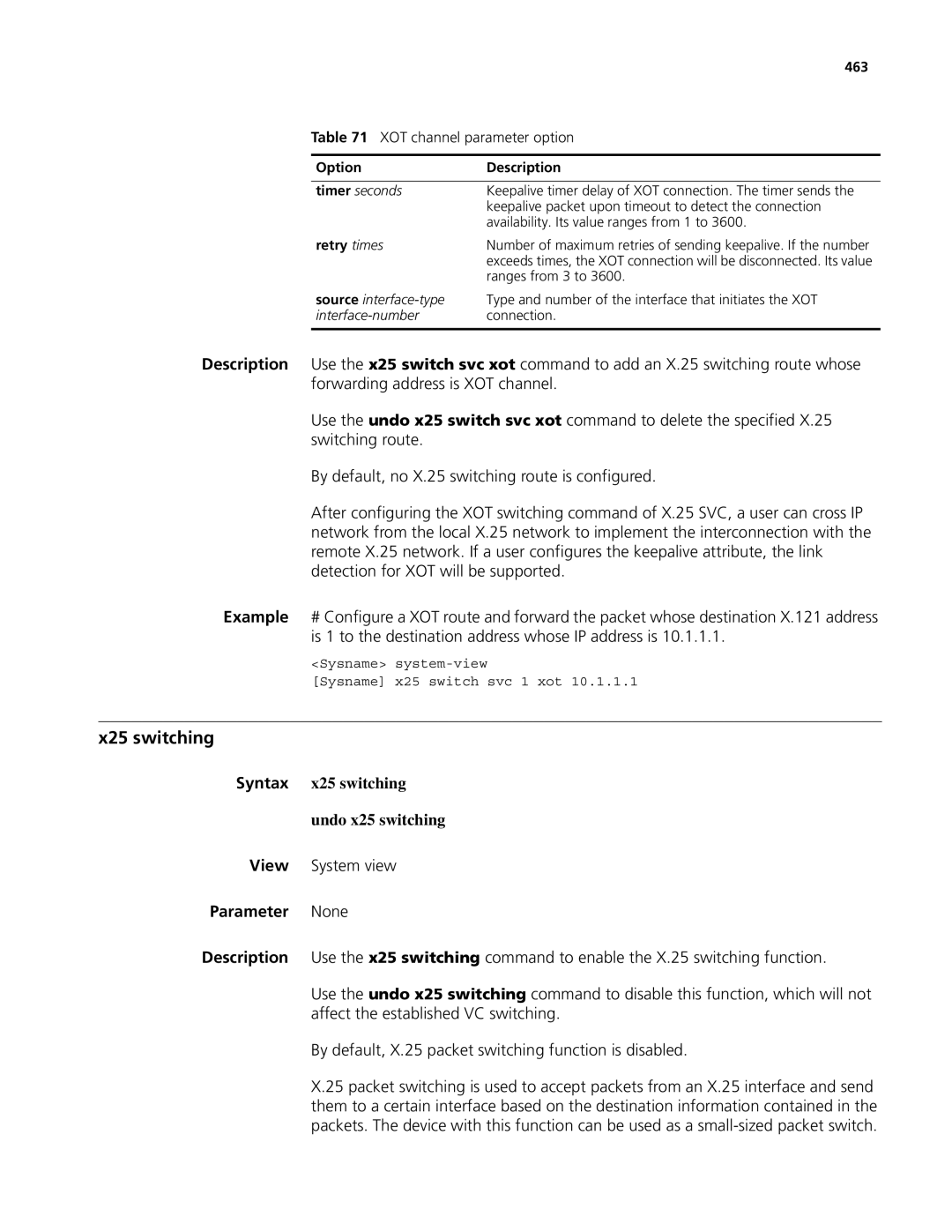 3Com MSR 50, MSR 30 manual X25 switching, Syntax x25 switching Undo x25 switching 