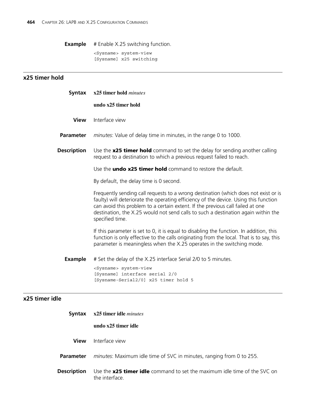 3Com MSR 30, MSR 50 manual X25 timer hold, X25 timer idle, Example # Enable X.25 switching function 