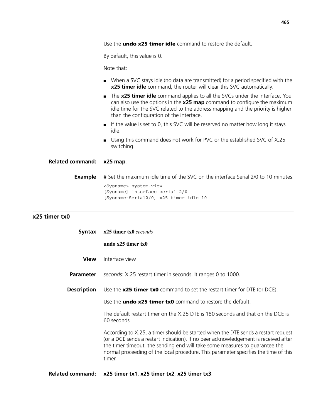 3Com MSR 50, MSR 30 manual X25 timer tx0, Syntax x25 timer tx0 seconds Undo x25 timer tx0, 465 