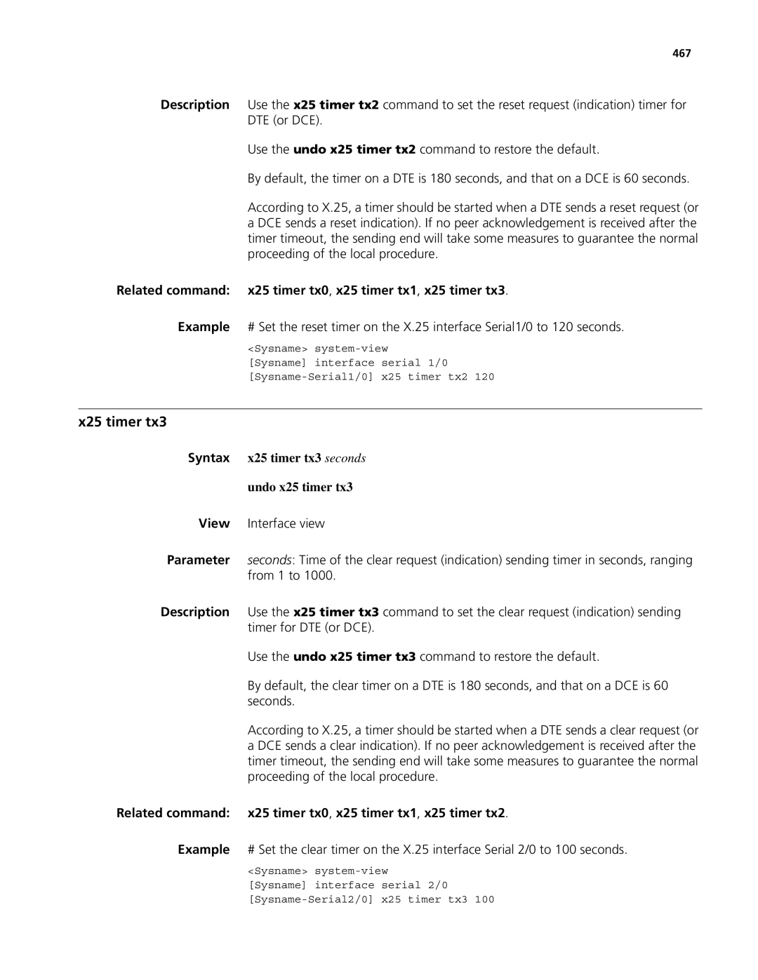 3Com MSR 50, MSR 30 manual X25 timer tx3, Related command x25 timer tx0, x25 timer tx1, x25 timer tx3, 467 
