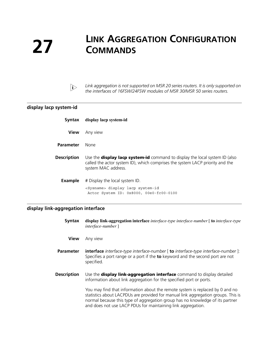 3Com MSR 50, MSR 30 Link Aggregation Configuration Commands, Display lacp system-id, Display link-aggregation interface 