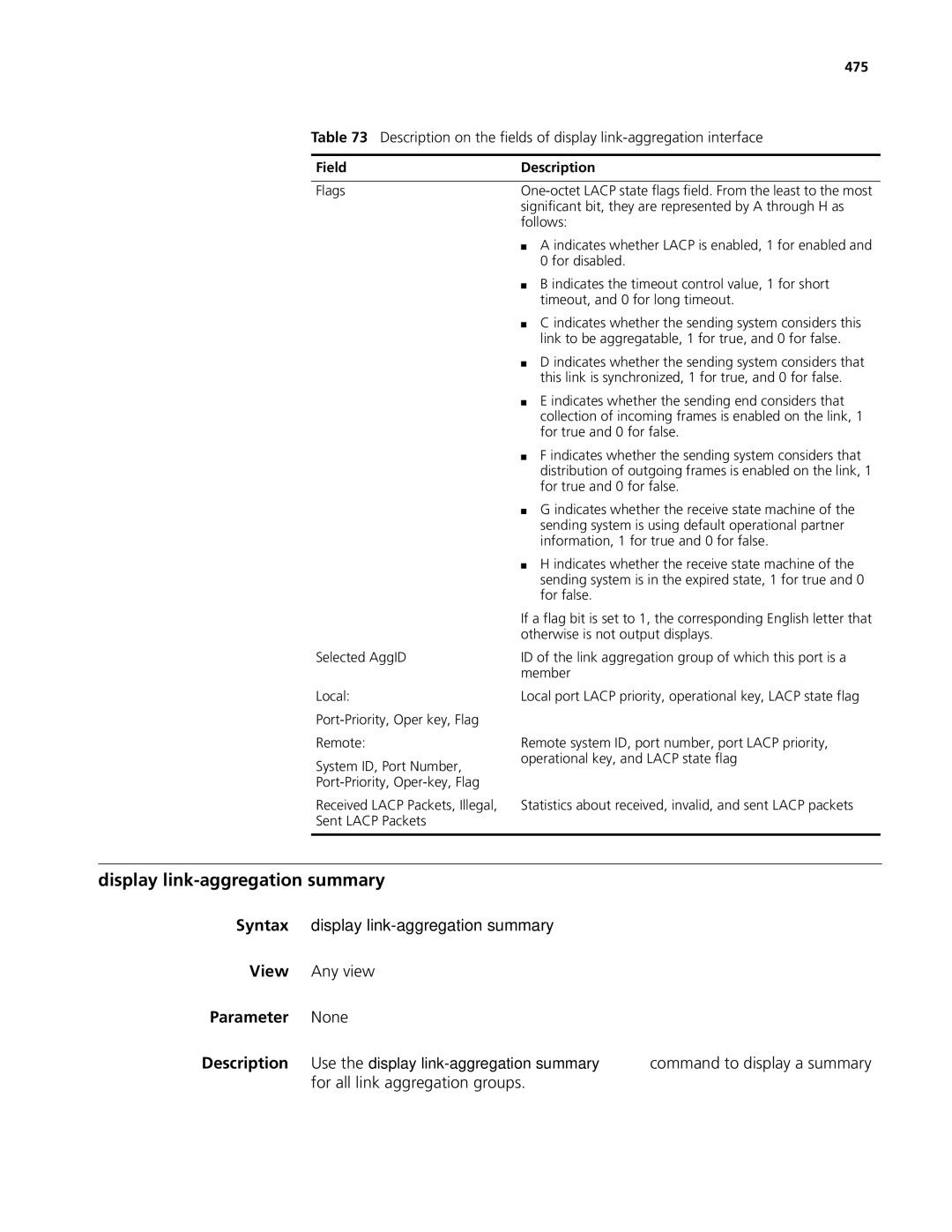 3Com MSR 50, MSR 30 manual Display link-aggregation summary, Syntax display link-aggregation summary, 475 