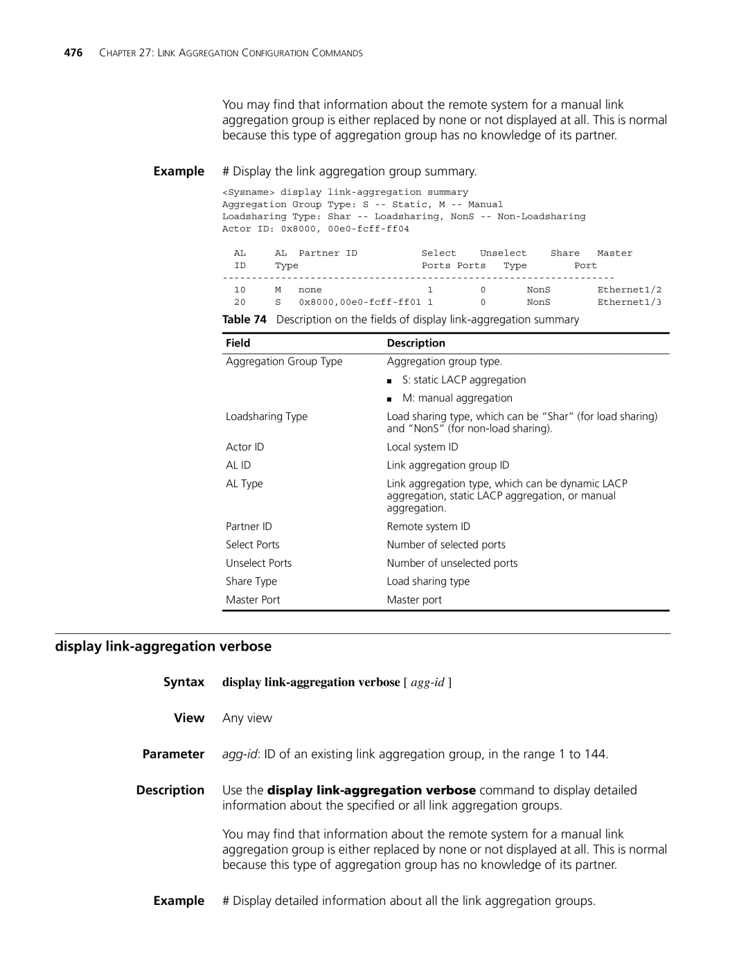 3Com MSR 30, MSR 50 manual Display link-aggregation verbose, Example # Display the link aggregation group summary, Al Id 