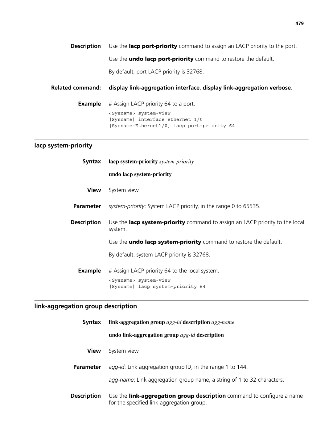 3Com MSR 50 Lacp system-priority, Link-aggregation group description, Example # Assign Lacp priority 64 to a port, 479 