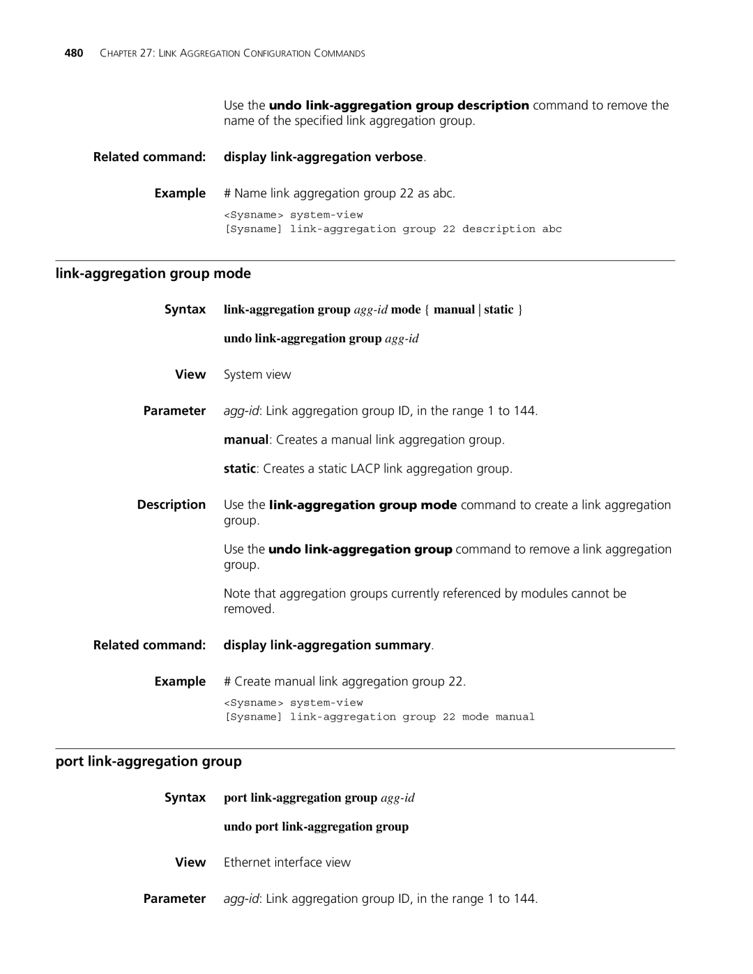 3Com MSR 30 Link-aggregation group mode, Port link-aggregation group, Related command display link-aggregation verbose 