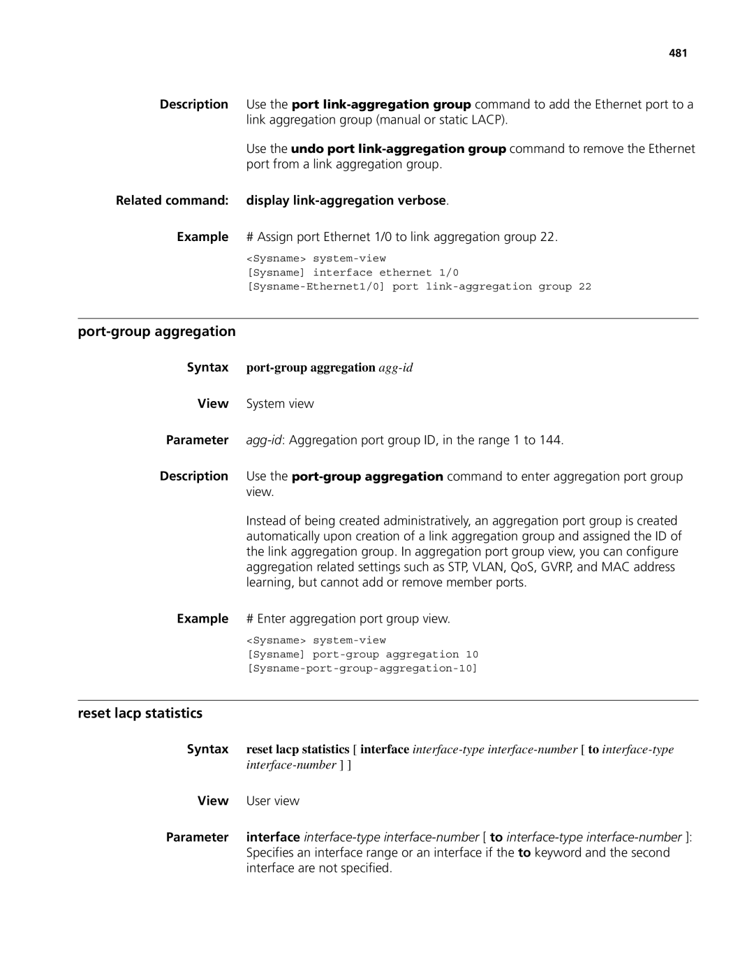 3Com MSR 50 manual Port-group aggregation, Reset lacp statistics, Related command Display link-aggregation verbose Example 