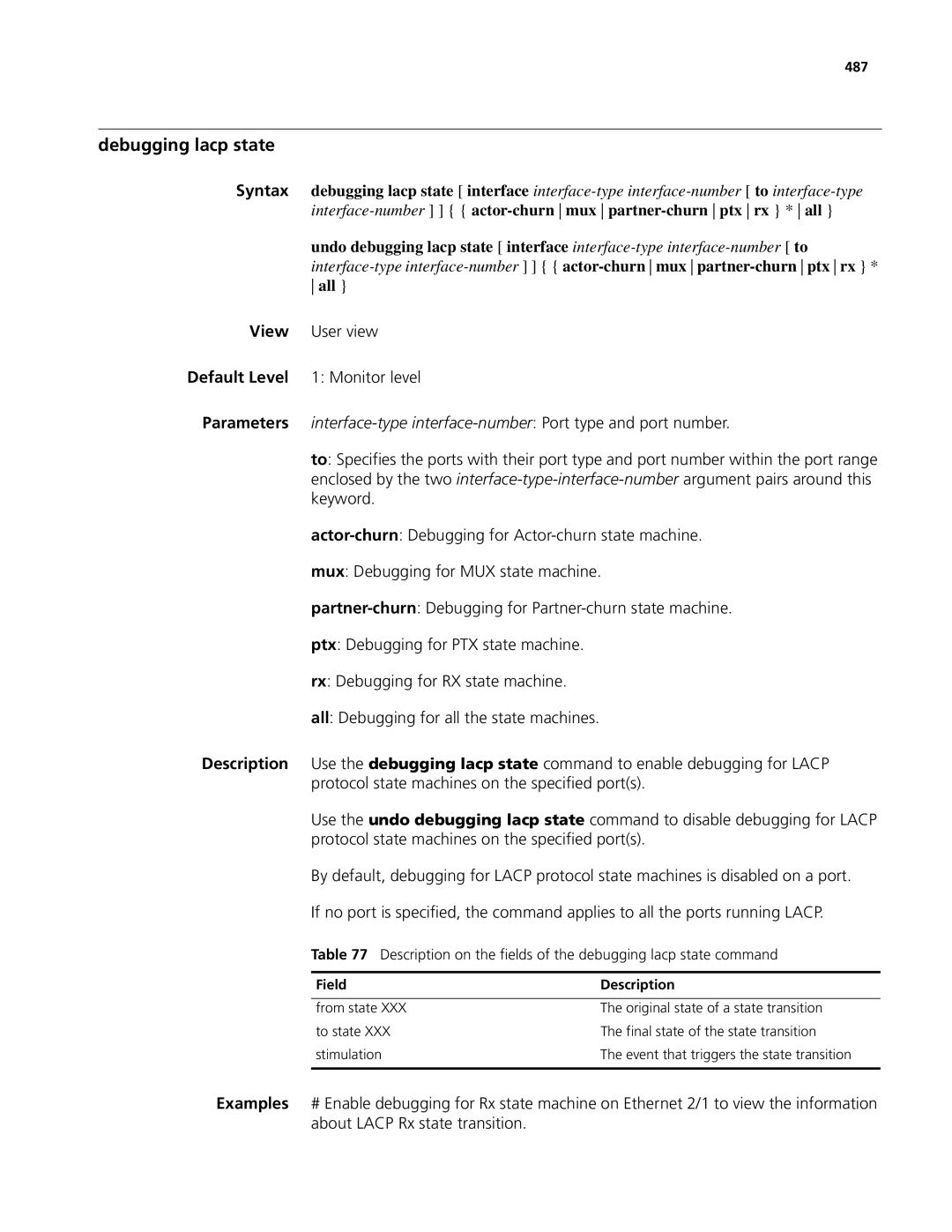 3Com MSR 50, MSR 30 manual Debugging lacp state, 487 