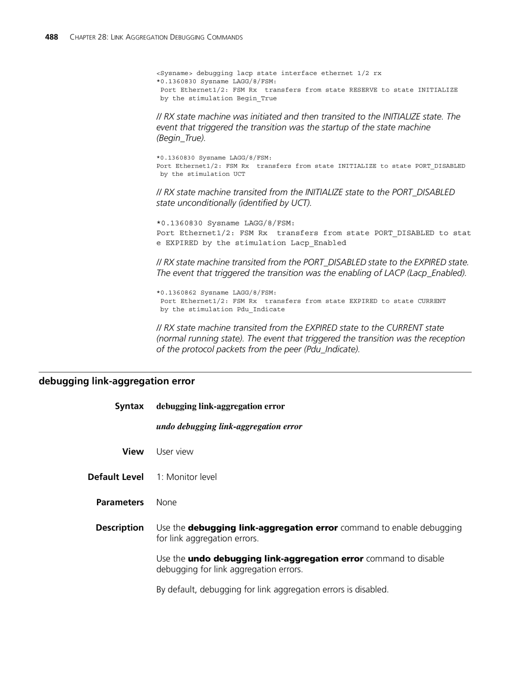 3Com MSR 30, MSR 50 manual Debugging link-aggregation error, Syntax debugging link-aggregation error 