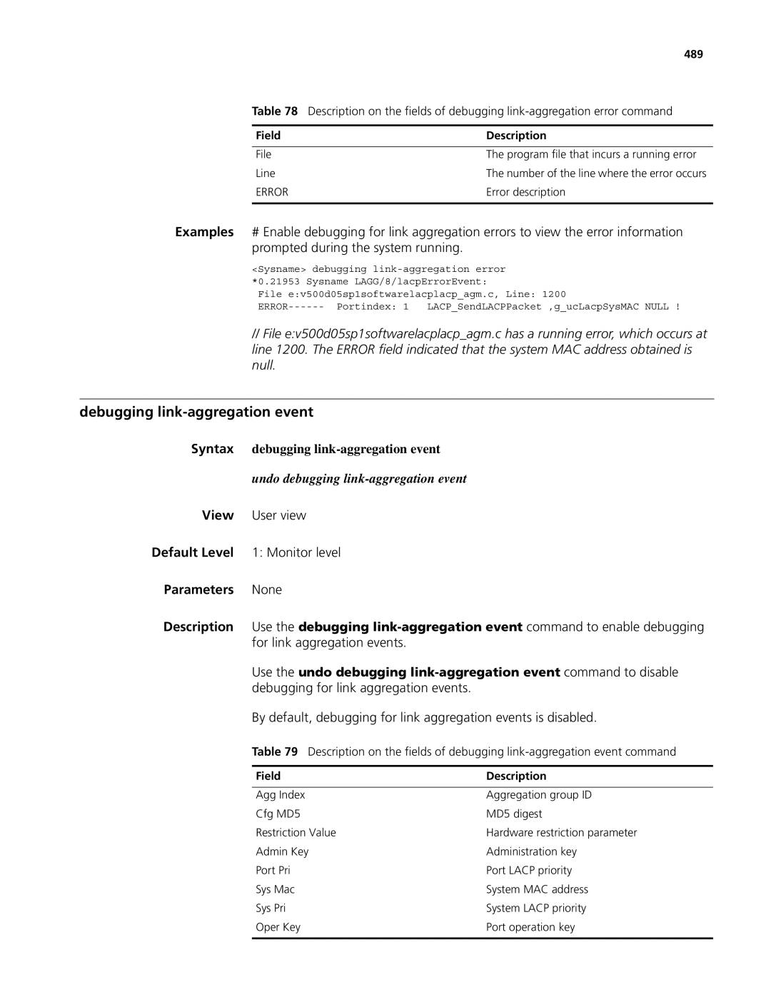 3Com MSR 50, MSR 30 manual Debugging link-aggregation event, Syntax debugging link-aggregation event, 489, Error 