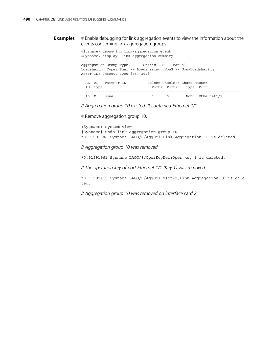 3Com MSR 30, MSR 50 manual Aggregation group 10 existed. It contained Ethernet 1/1, # Remove aggregation group 