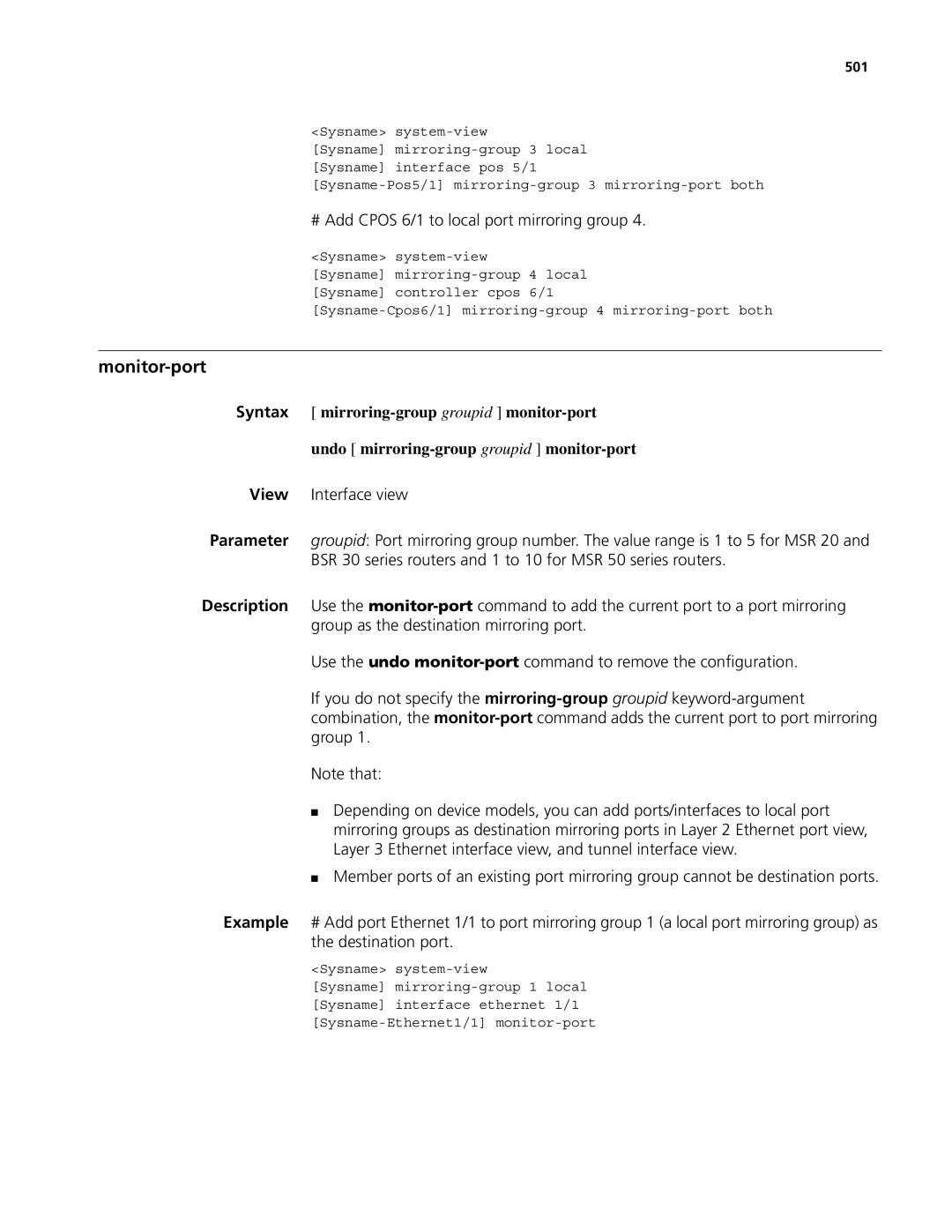 3Com MSR 50, MSR 30 manual Monitor-port, # Add Cpos 6/1 to local port mirroring group, 501 