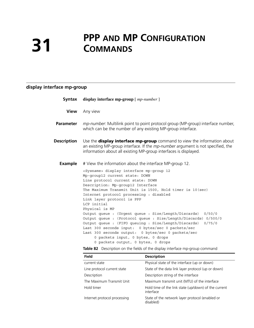 3Com MSR 50 PPP and MP Configuration 31 Commands, Display interface mp-group, Syntax display interface mp-group mp-number 