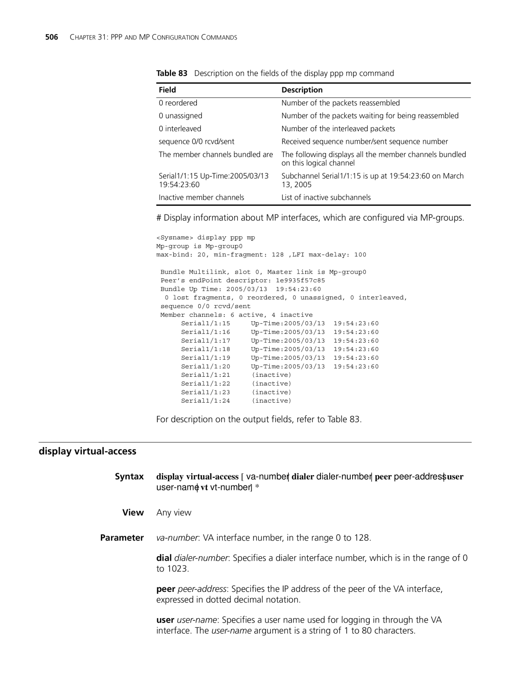 3Com MSR 30, MSR 50 manual Display virtual-access, For description on the output fields, refer to Table 