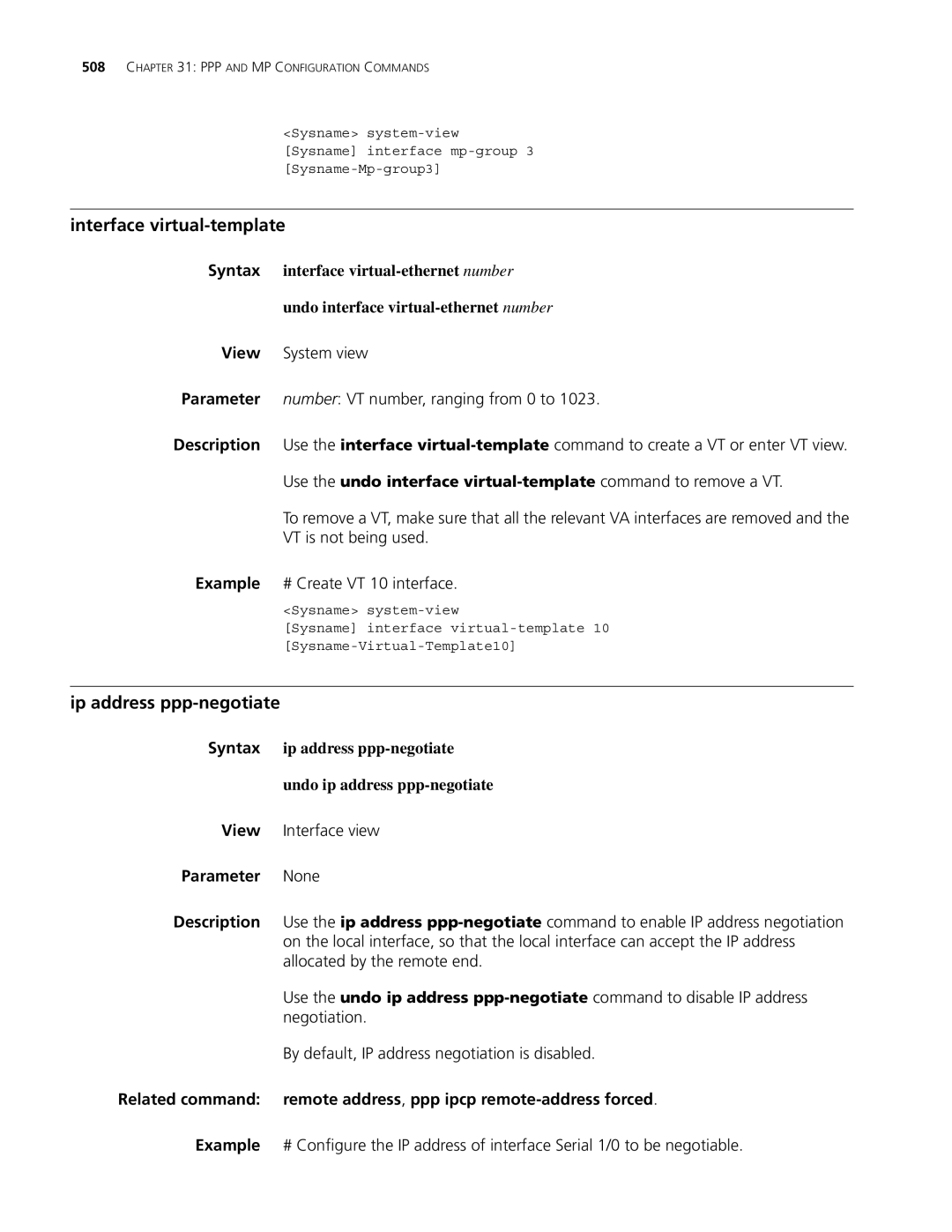 3Com MSR 30, MSR 50 manual Interface virtual-template, Ip address ppp-negotiate 