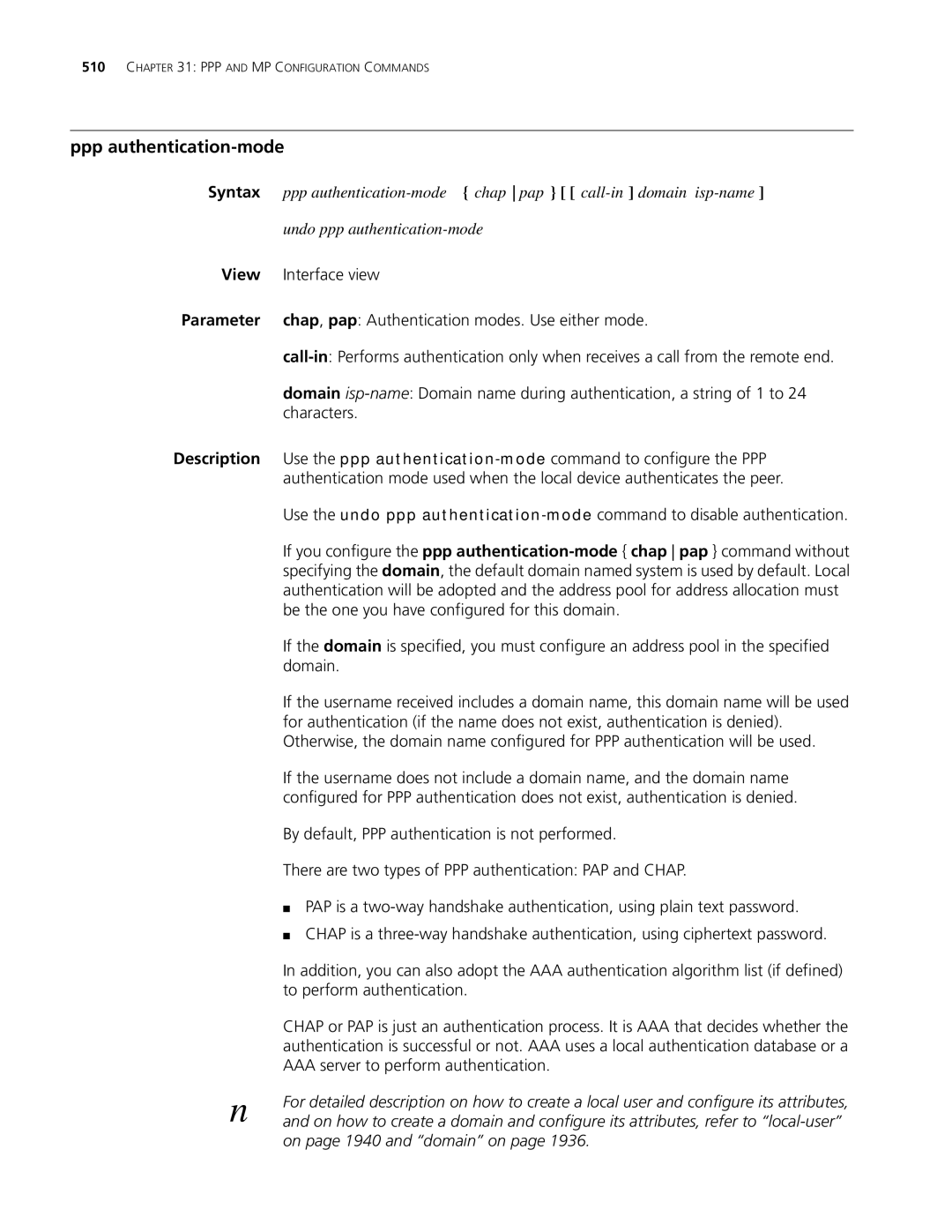 3Com MSR 30, MSR 50 Ppp authentication-mode chap pap call-in domain isp-name, Undo ppp authentication-mode, Characters 