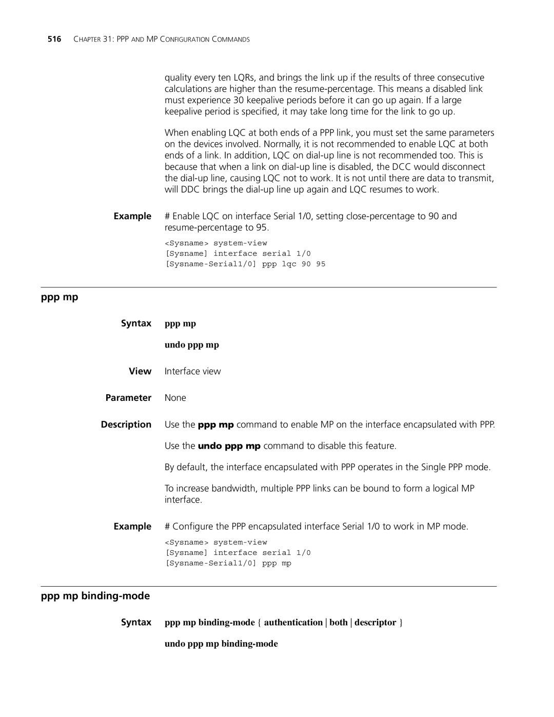 3Com MSR 30, MSR 50 manual Ppp mp binding-mode, Syntax ppp mp, Undo ppp mp 