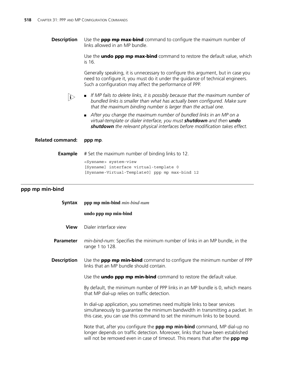 3Com MSR 30, MSR 50 manual Related command Ppp mp Example, Ppp mp min-bind min-bind-num, Undo ppp mp min-bind 