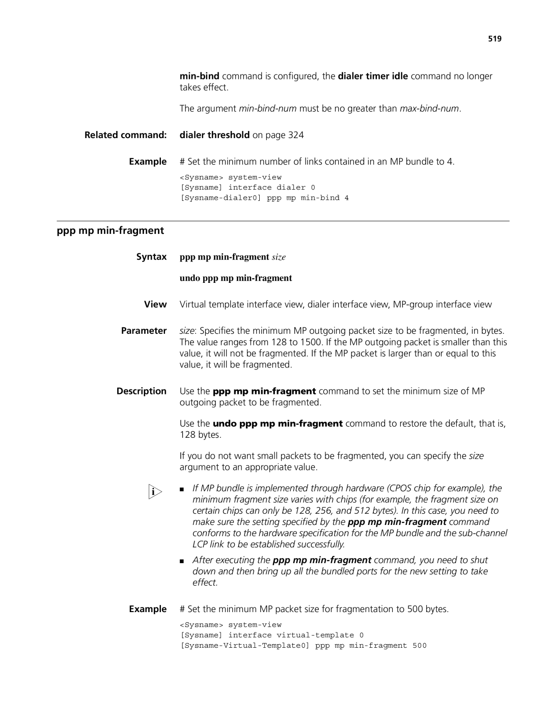 3Com MSR 50, MSR 30 manual Related command dialer threshold on, Ppp mp min-fragment size, Undo ppp mp min-fragment 