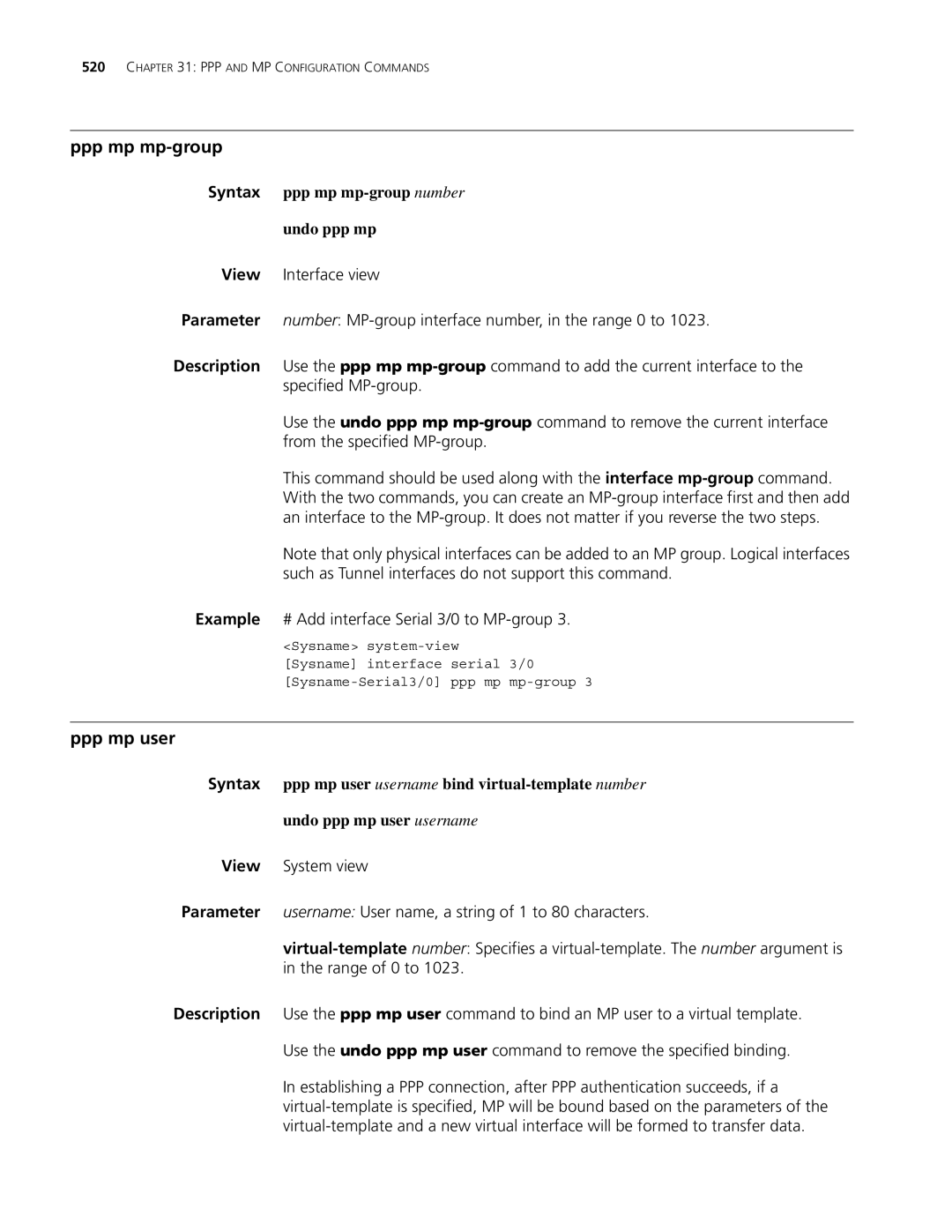 3Com MSR 30, MSR 50 manual Ppp mp mp-group, Ppp mp user, Syntax ppp mp mp-group number Undo ppp mp 