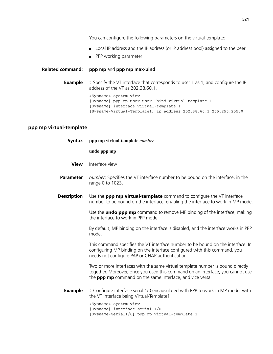 3Com MSR 50, MSR 30 manual Ppp mp virtual-template, Related command ppp mp and ppp mp max-bind, 521 