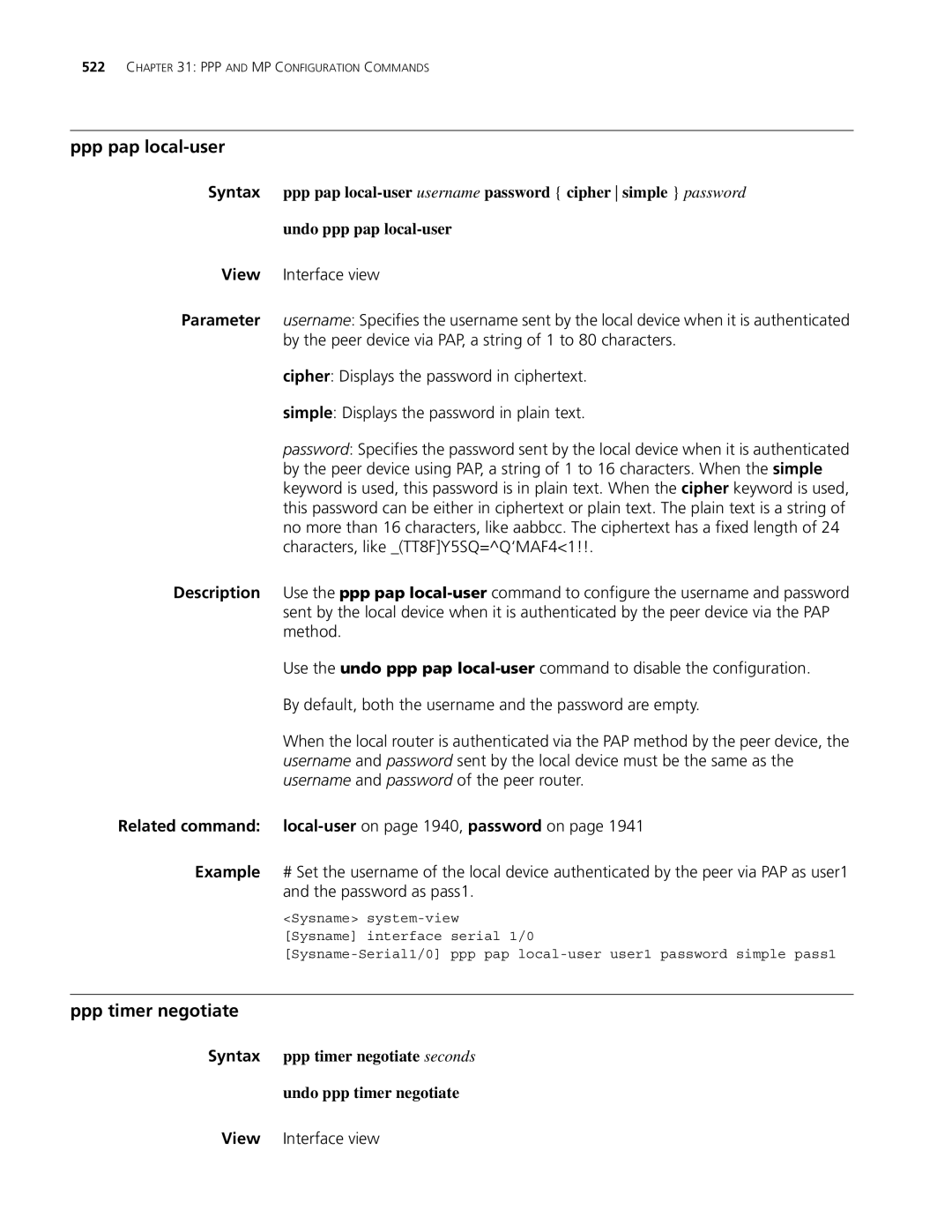 3Com MSR 30, MSR 50 manual Ppp pap local-user, Ppp timer negotiate, Related command local-useron page 1940, password on 