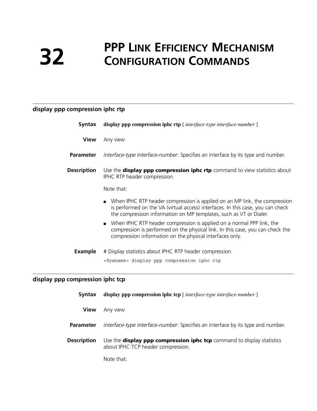 3Com MSR 50, MSR 30 manual PPP Link Efficiency Mechanism Configuration Commands, Display ppp compression iphc rtp 