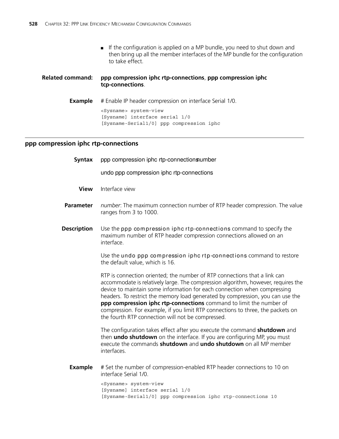 3Com MSR 30, MSR 50 manual Ppp compression iphc rtp-connections 