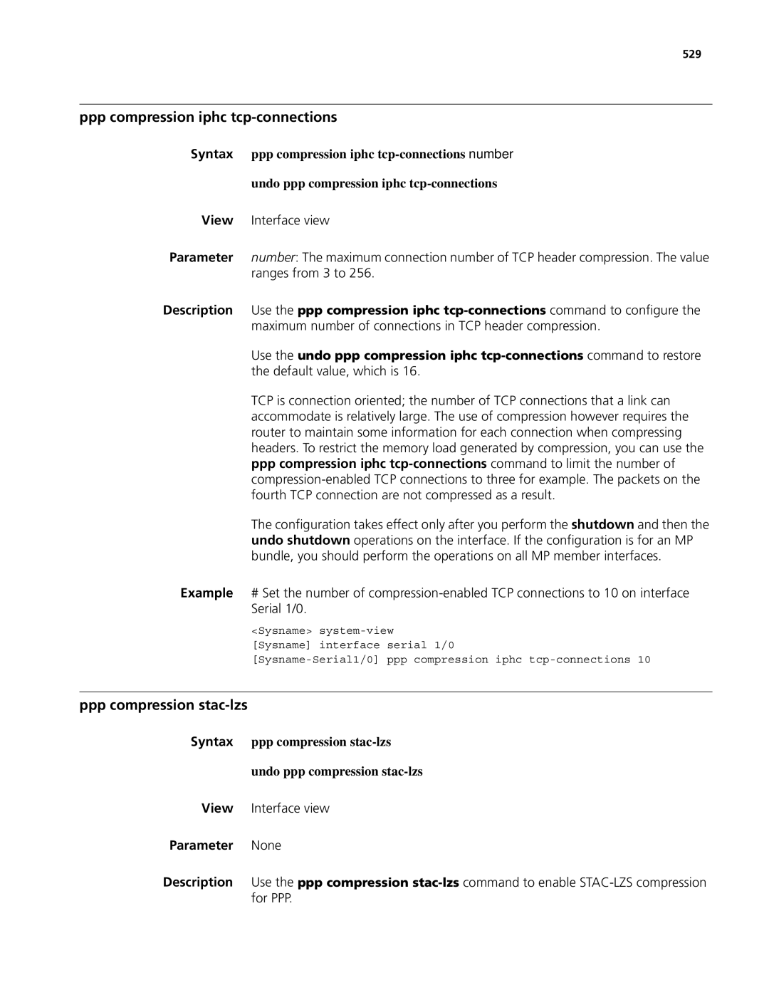 3Com MSR 50, MSR 30 manual Ppp compression iphc tcp-connections, Ppp compression stac-lzs, 529 