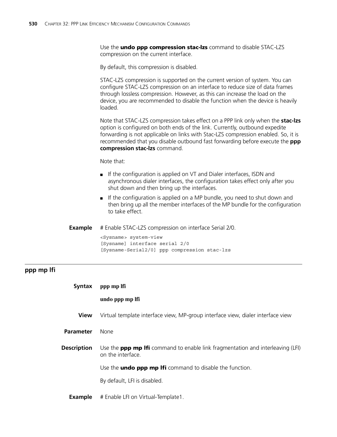 3Com MSR 30, MSR 50 manual Ppp mp lfi, Syntax ppp mp lfi Undo ppp mp lfi 