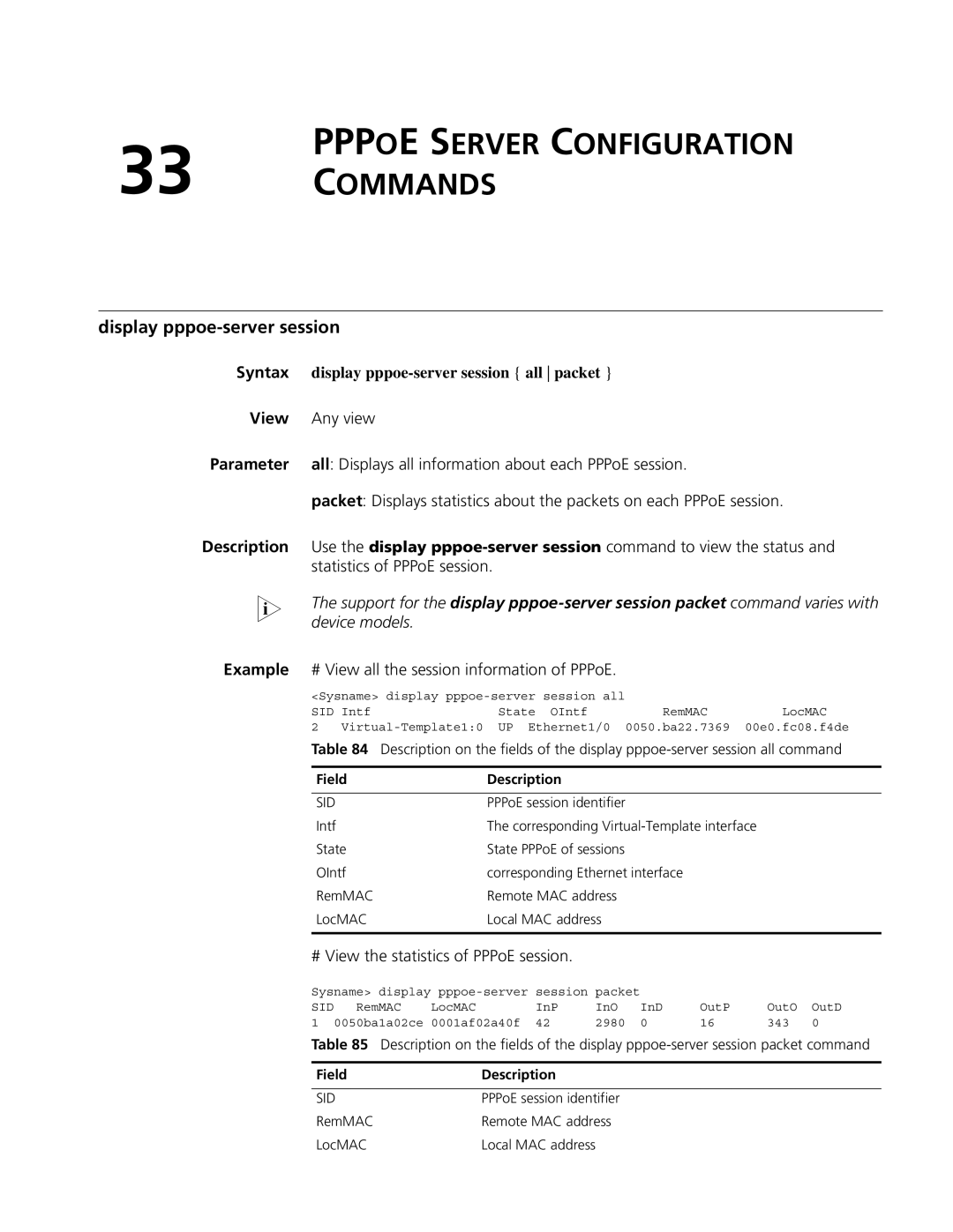 3Com MSR 50, MSR 30 manual Pppoe Server Configuration Commands, Display pppoe-server session all packet 