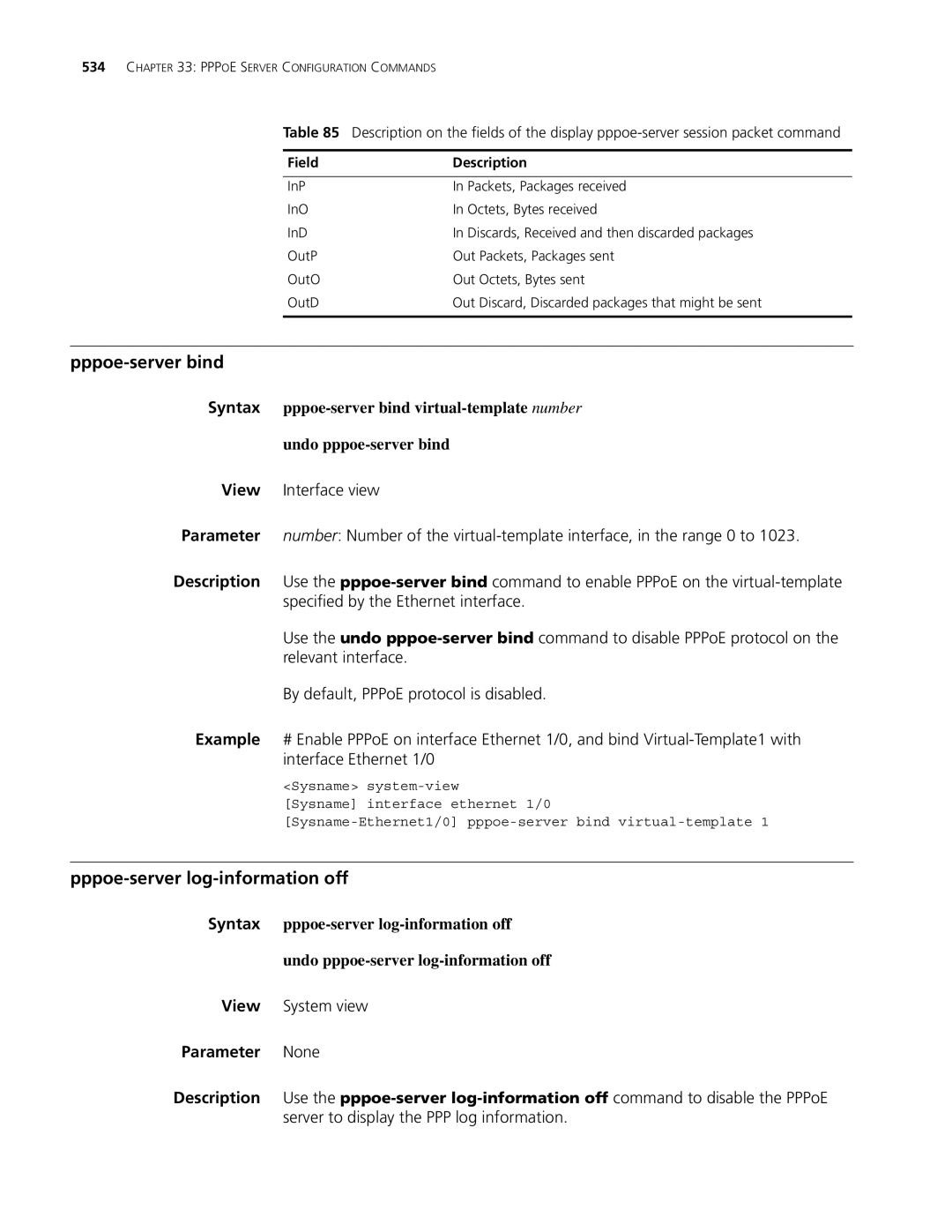 3Com MSR 30, MSR 50 manual Pppoe-server bind, Pppoe-server log-information off 