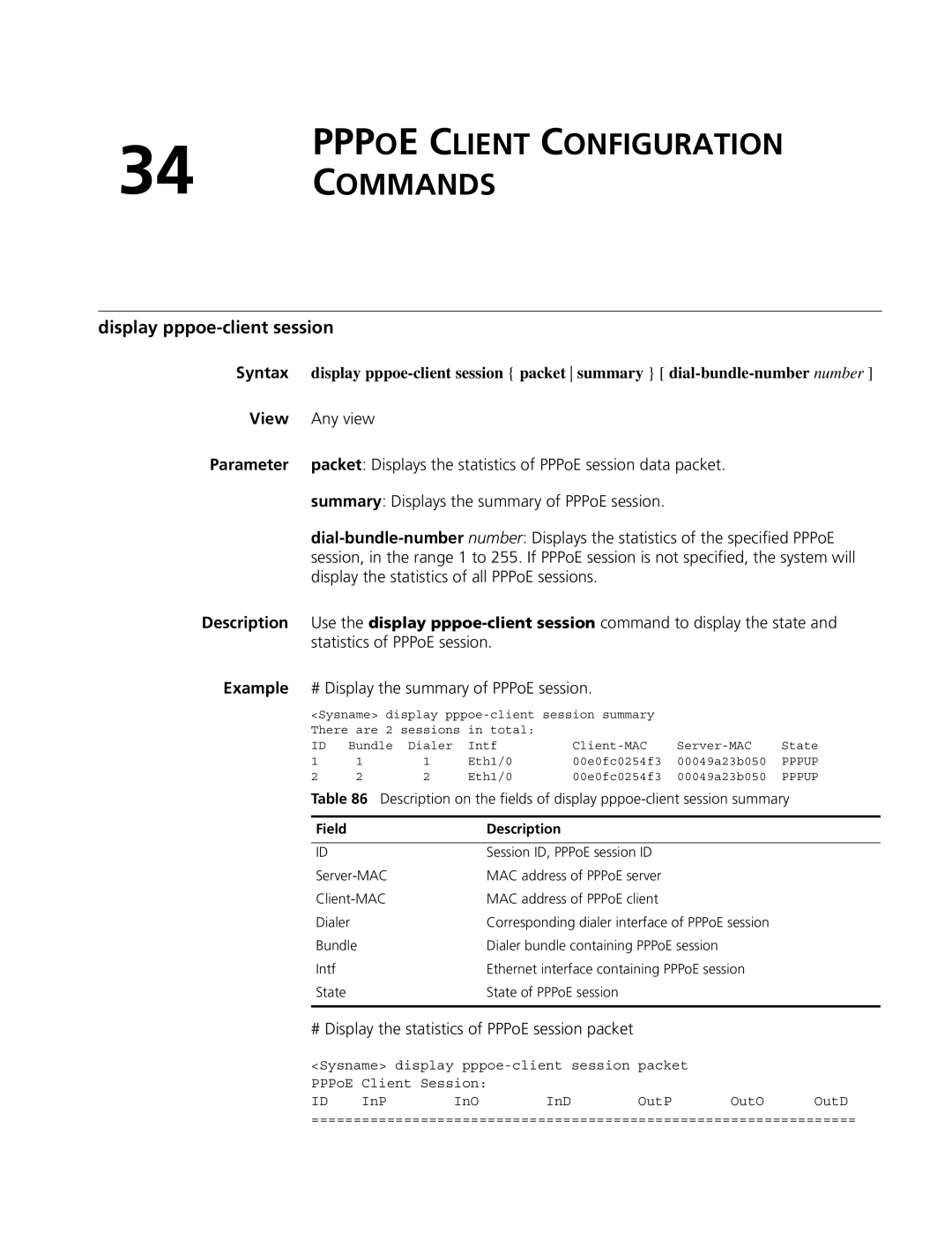 3Com MSR 50, MSR 30 manual Pppoe Client Configuration Commands, Display pppoe-client session 