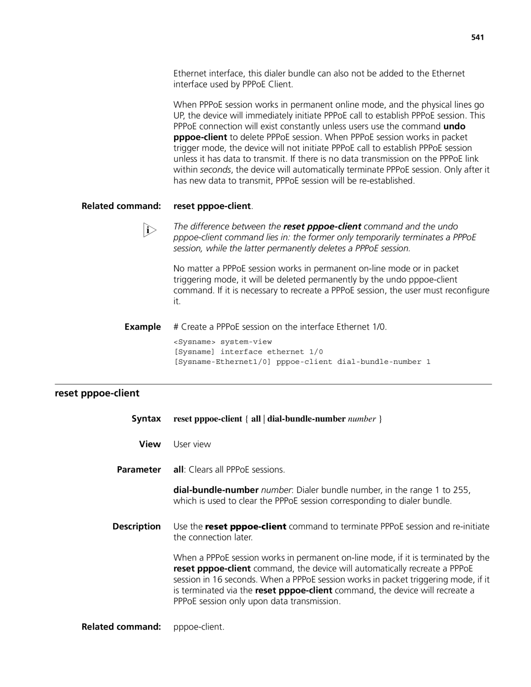 3Com MSR 50, MSR 30 manual Related command Reset pppoe-client, Reset pppoe-client all dial-bundle-number number 