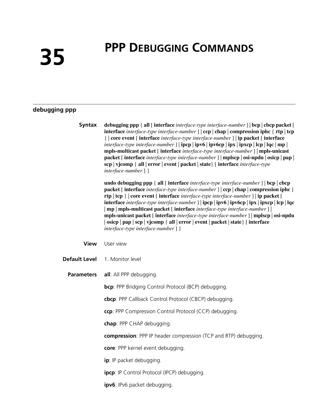 3Com MSR 50, MSR 30 manual PPP Debugging Commands, Debugging ppp 