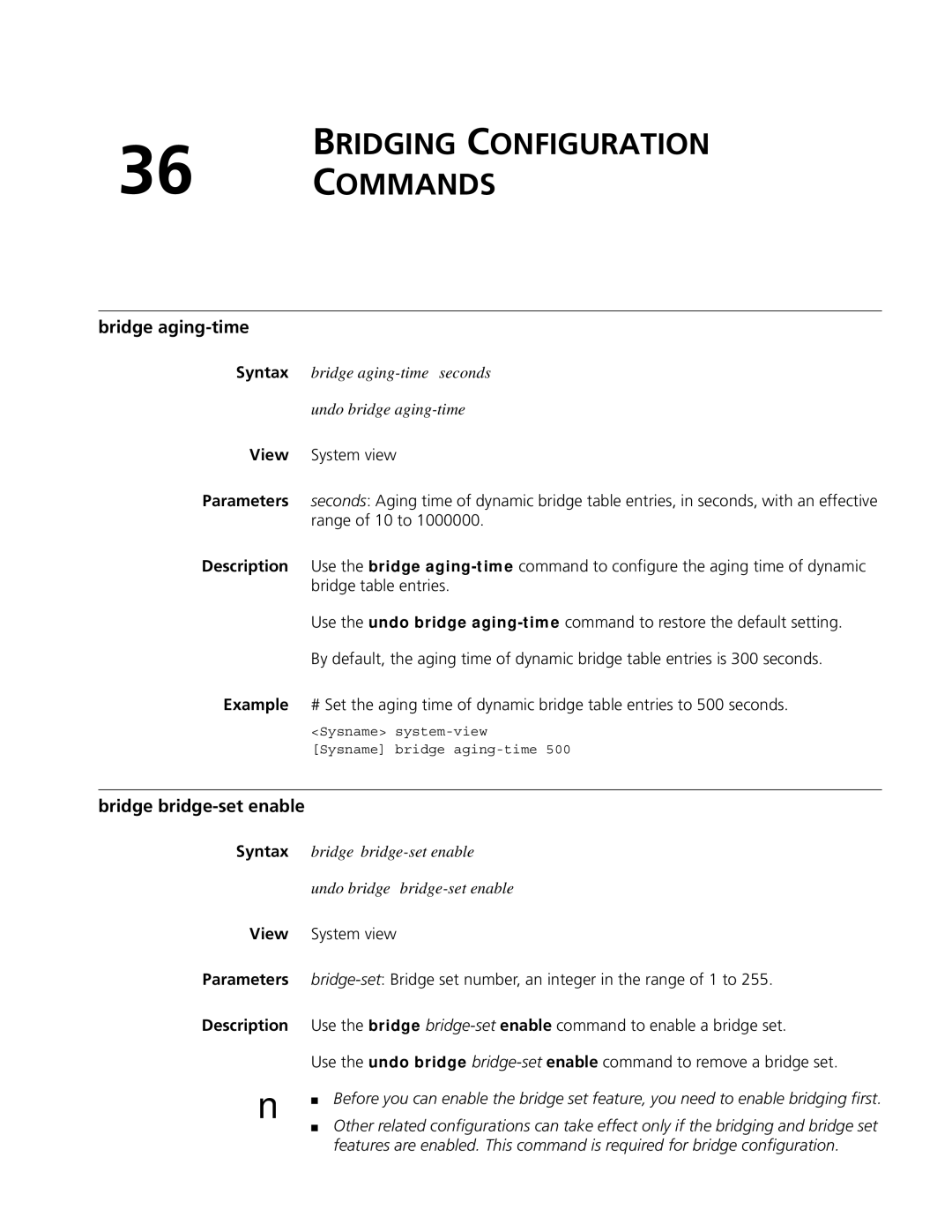 3Com MSR 50, MSR 30 manual Bridging Configuration Commands, Bridge aging-time, Bridge bridge-set enable 