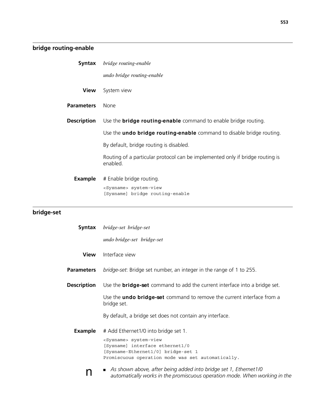 3Com MSR 50, MSR 30 manual Bridge routing-enable, Bridge-set, Syntax bridge routing-enable Undo bridge routing-enable, 553 