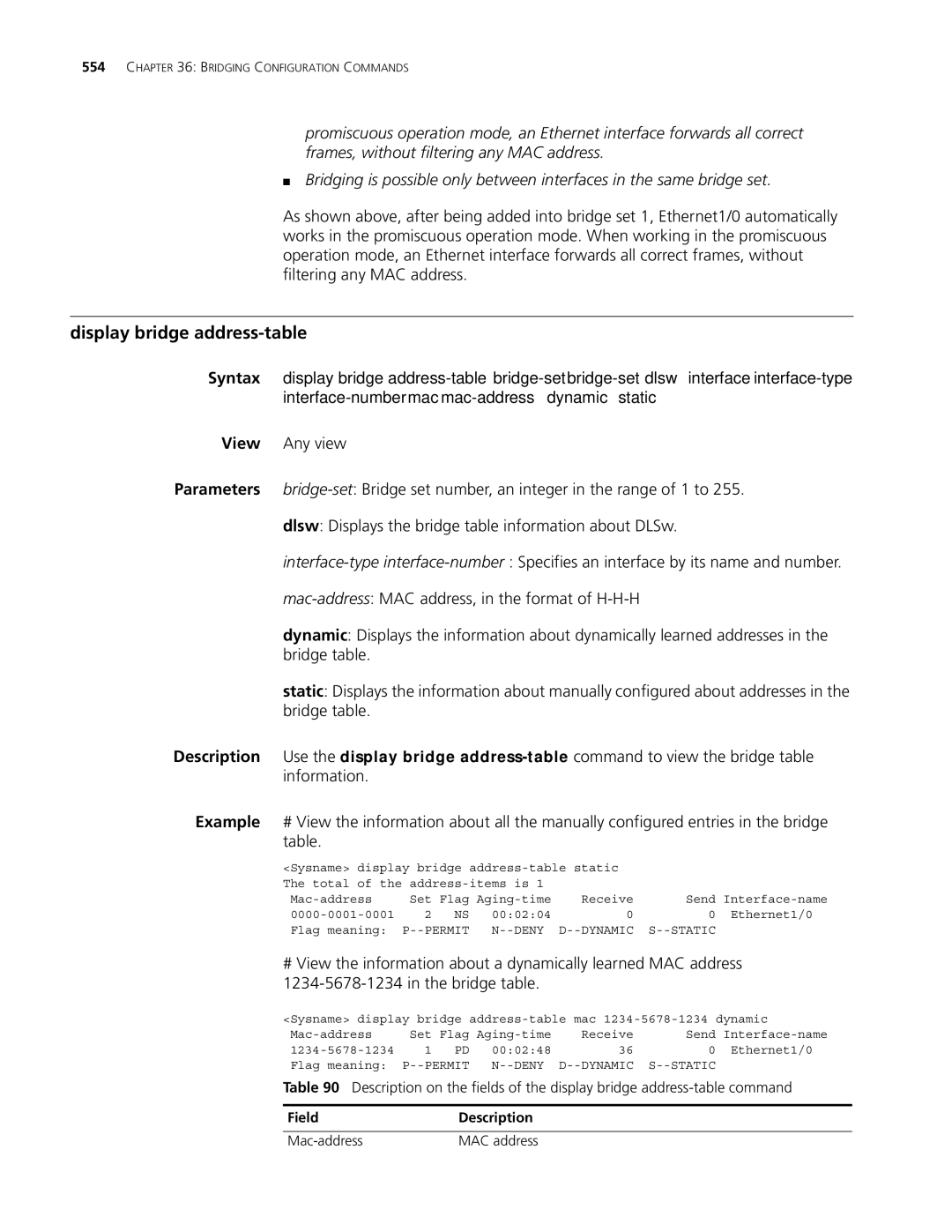 3Com MSR 30, MSR 50 manual Display bridge address-table, Field Description 