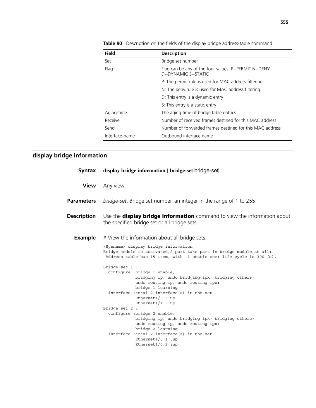 3Com MSR 50 Display bridge information, Syntax display bridge information bridge-set bridge-set, 555, Dynamic S--STATIC 