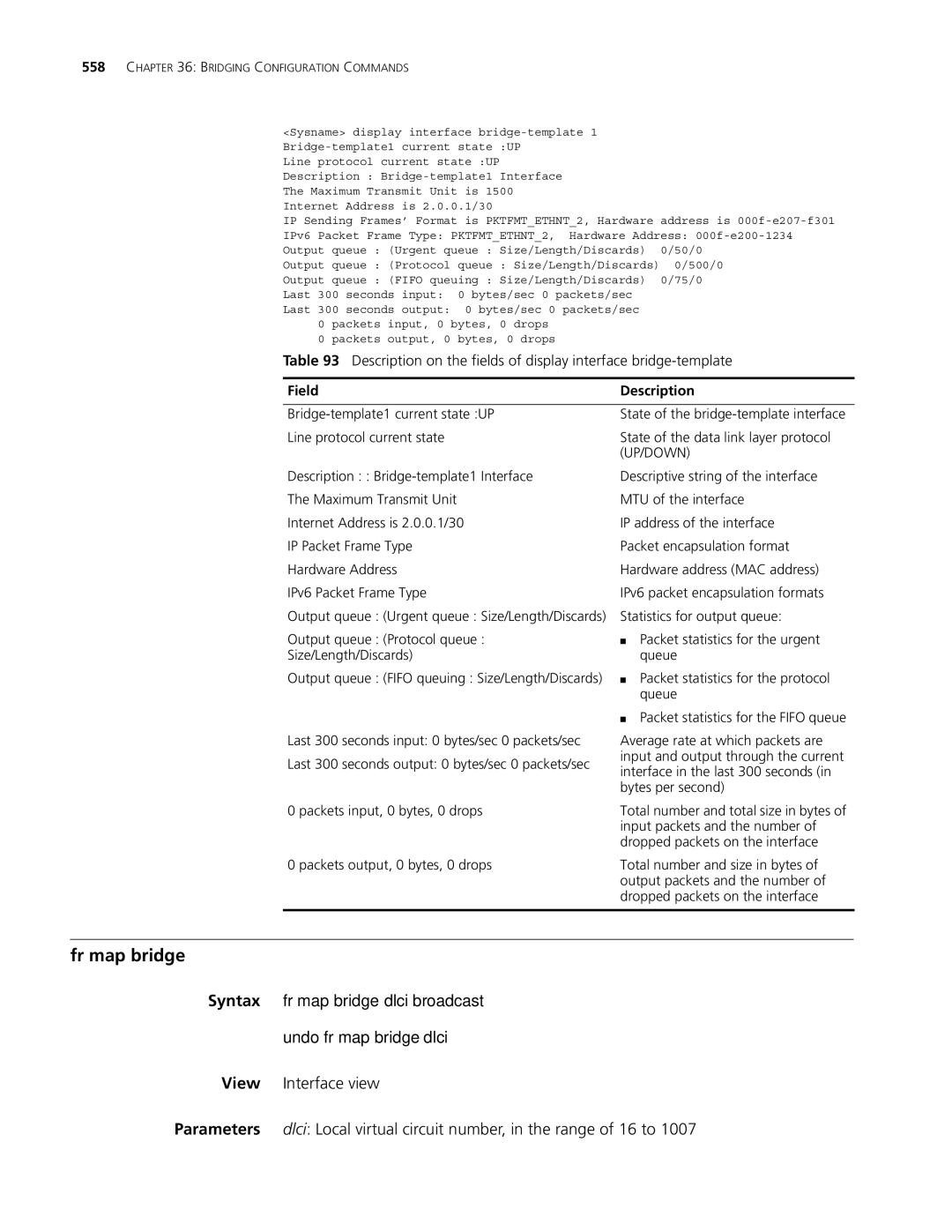 3Com MSR 30, MSR 50 manual Fr map bridge, Syntax fr map bridge dlci broadcast Undo fr map bridge dlci, Up/Down 