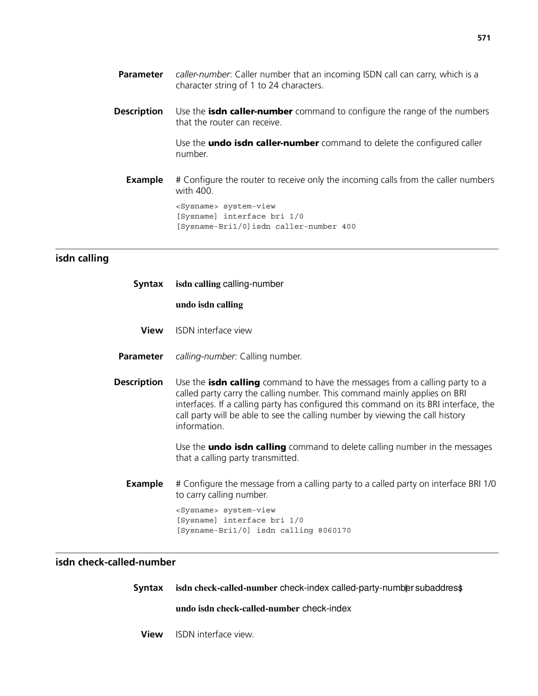 3Com MSR 50 Isdn calling, Isdn check-called-number, Undo isdn calling, Undo isdn check-called-number check-index, 571 