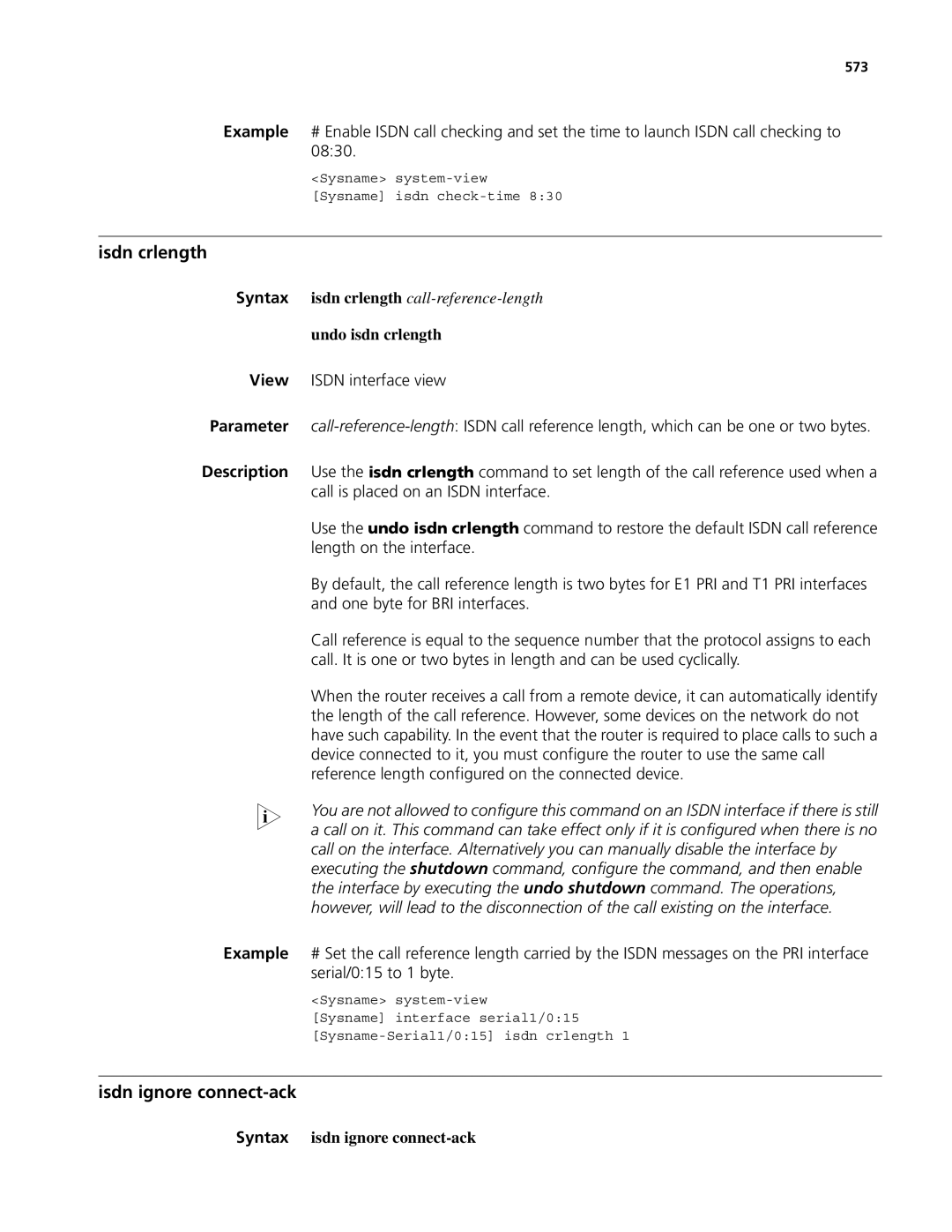 3Com MSR 50, MSR 30 manual Isdn crlength, Isdn ignore connect-ack, Undo isdn crlength, Syntax isdn ignore connect-ack, 573 