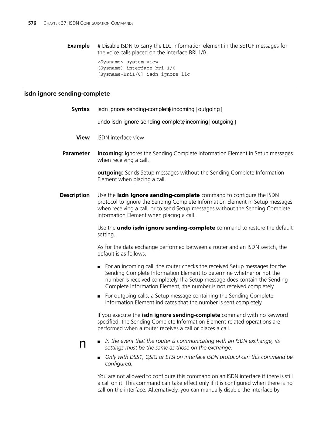 3Com MSR 30 manual Isdn ignore sending-complete incoming outgoing, Undo isdn ignore sending-complete incoming outgoing 