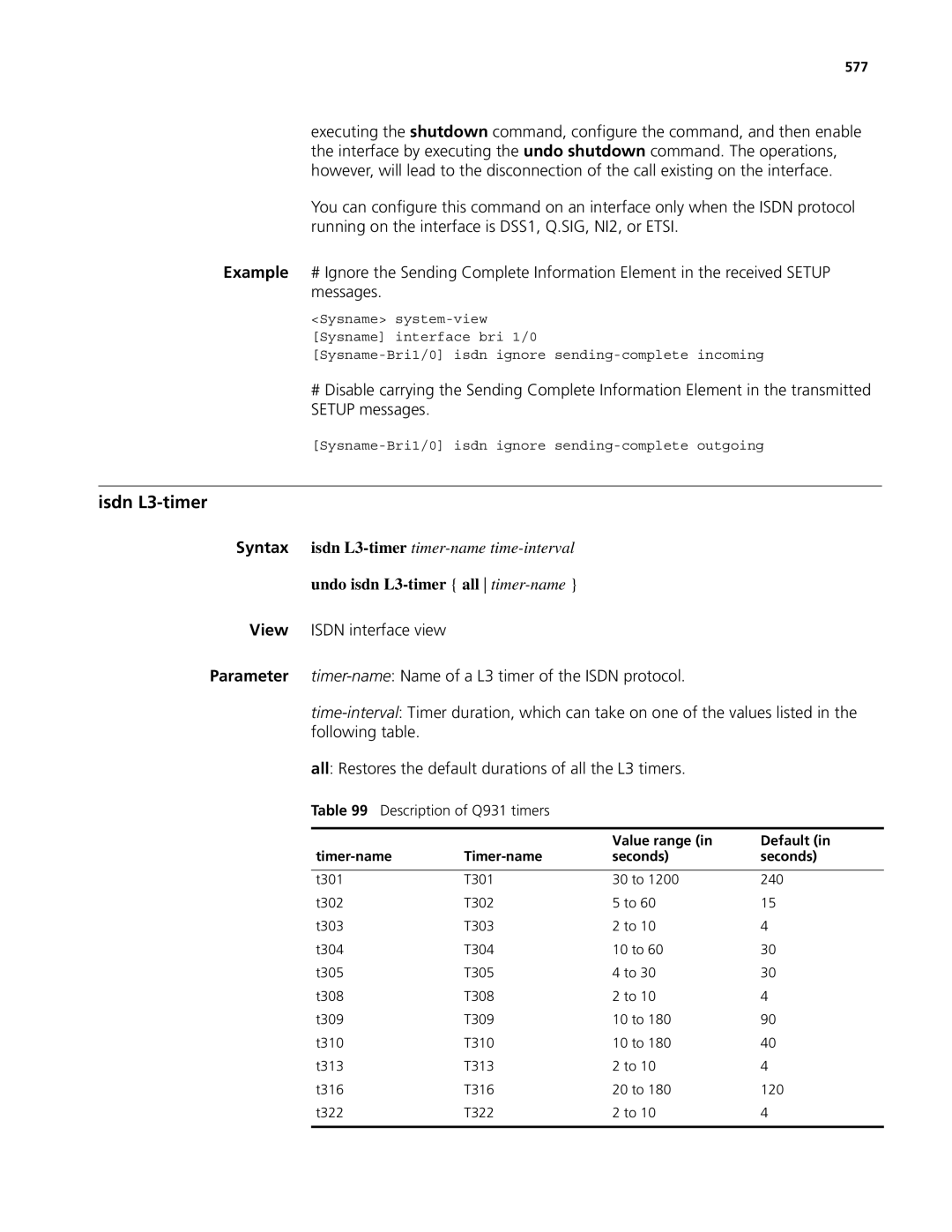 3Com MSR 50, MSR 30 manual Isdn L3-timer, Undo isdn L3-timer all timer-name, Description of Q931 timers, 577 